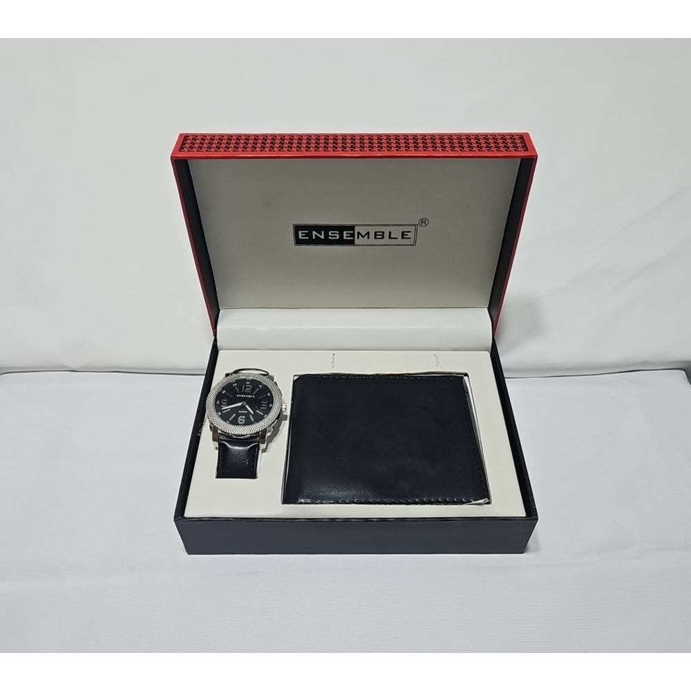 Ensemble Mens Wrist Watch & Leather Wallet Set Quartz Watch Black Leather Band